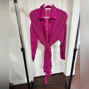 12th Tribe Cara Fuchsia Plisse Mini Dress Button Down Long Sleeve w Belt